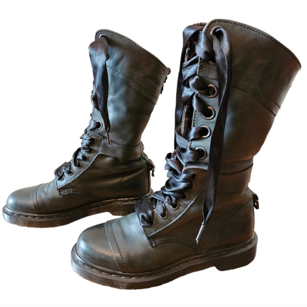 Dr. Martens Triumph 12 Eye Foldable Leather Dark Green Lace Up Tall Combat Boots